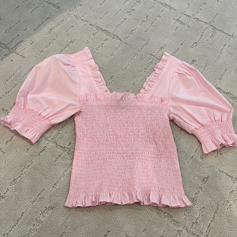 pink smocked puff sleeve top